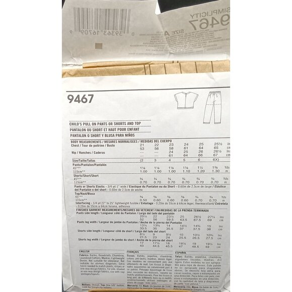 Simplicity 9467 Vintage Kids Sewing Pattern 2-6X Easy Pullover Tops & Pants/Shor - Picture 2 of 2